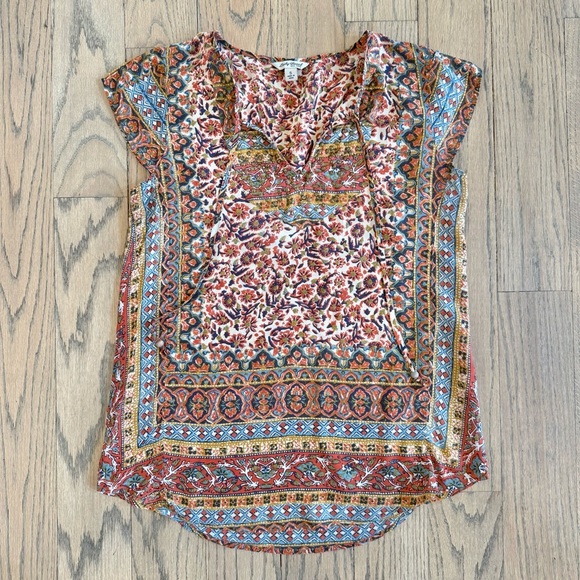 Lucky Brand Women’s Studded Border Scarf Print Boho Cap Sleeve Tee Size Small - Picture 2 of 13